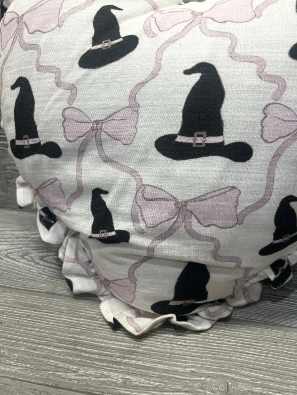 Heart Shaped Witch Hat and Bows Print Pillow Pink & Black Ruffle Trim 14”